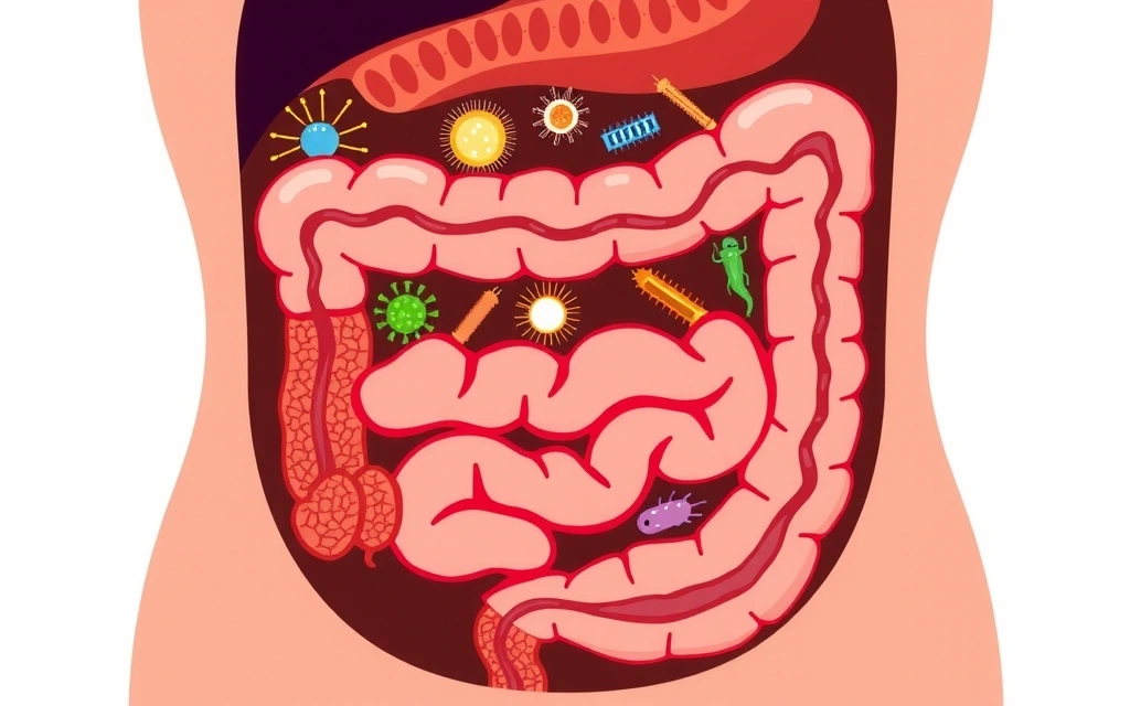 Detailansicht des menschlichen Darms mit einer vielfältigen Gemeinschaft von Mikroorganismen.
