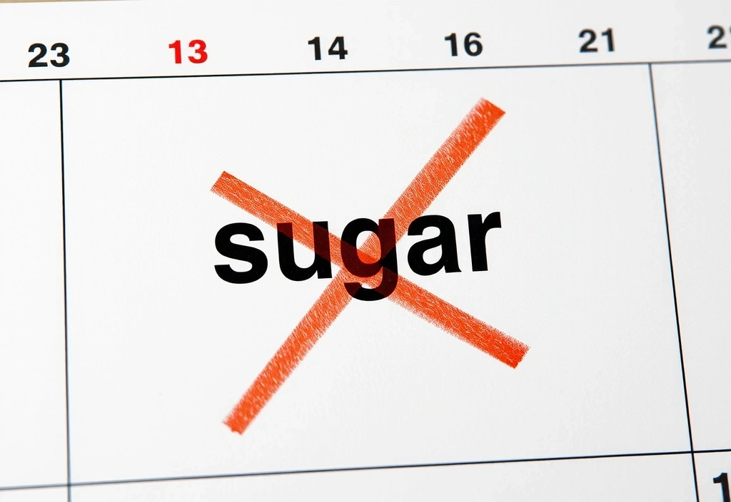 Ein Kalenderblatt mit einem roten Kreuz über dem Wort 'Zucker', um einen Zuckerentzug zu symbolisieren.