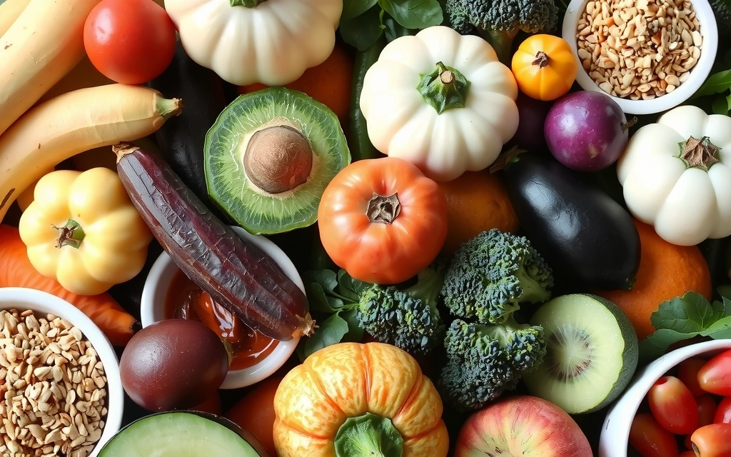 Eine Vielzahl von gesunden, ballaststoffreichen Lebensmitteln wie Gemüse, Obst, Vollkornprodukte und Hülsenfrüchte.